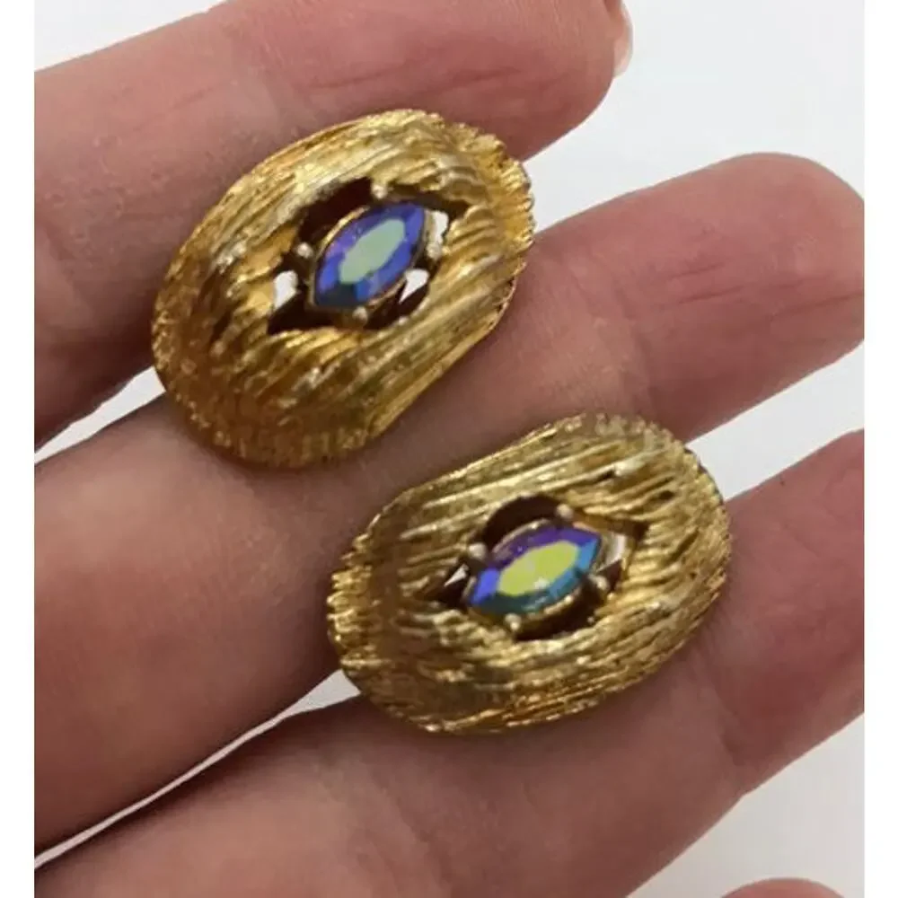 Swank Cuff Links Vintage Mid Century Gold Nuggets Blue Smoke AB Rhinestones
